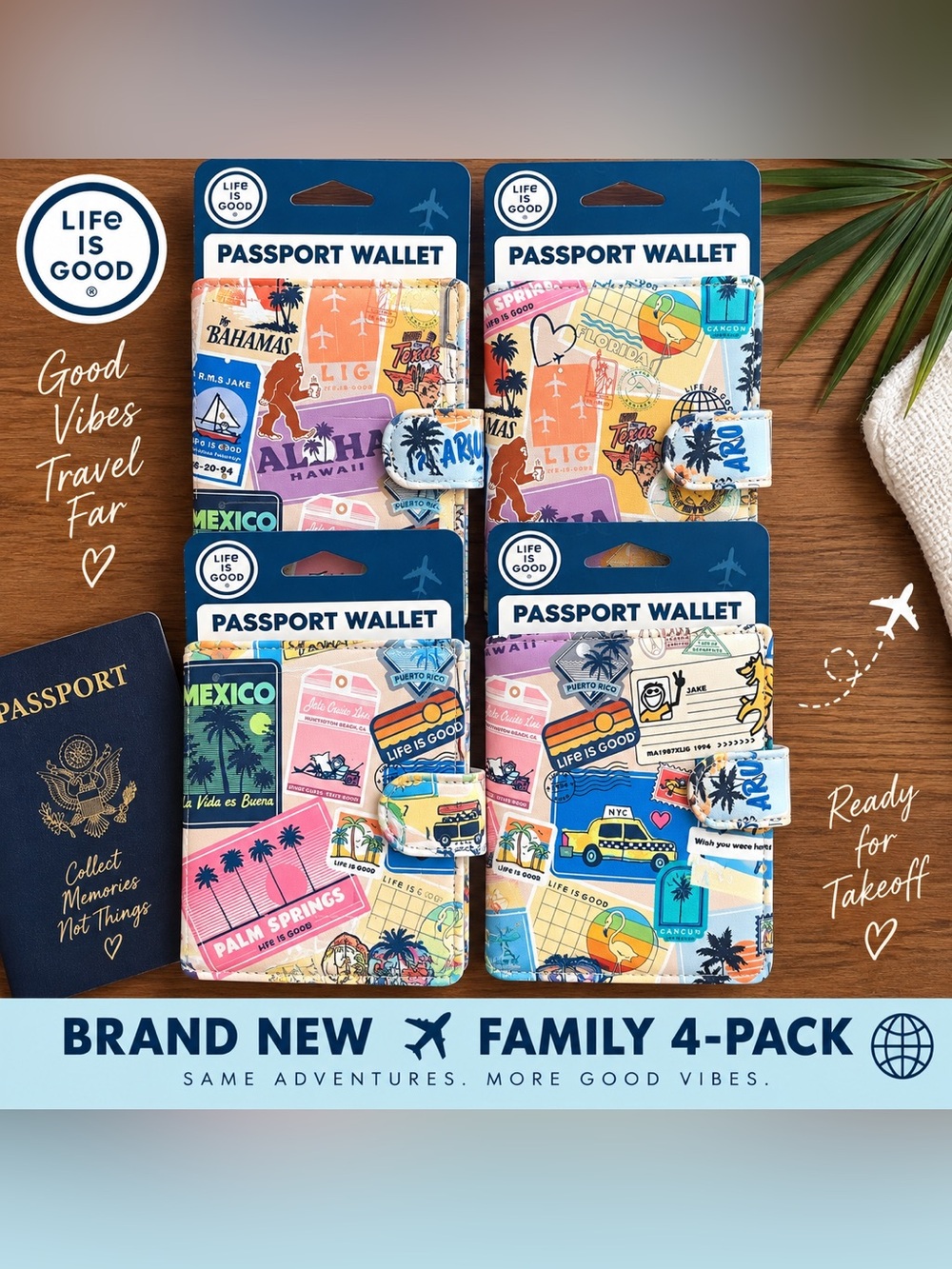 NWT Life is Good Passport Wallets Set of 4 Family Travel Vacation Bundle